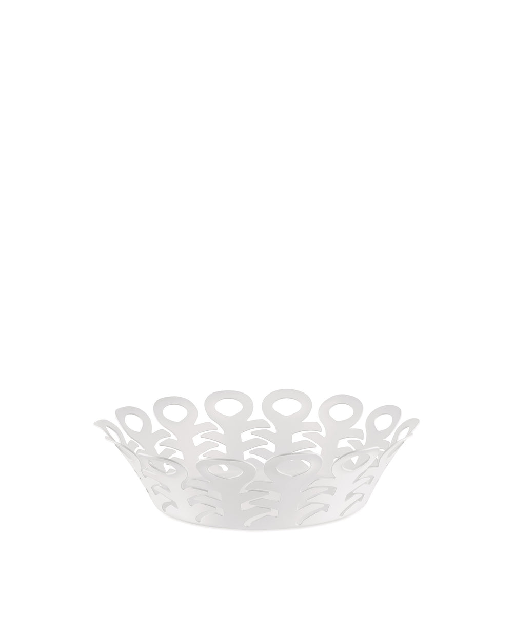 White decorative fruit holder by Alessi with an intricate openwork pattern of connected stylized figures.
