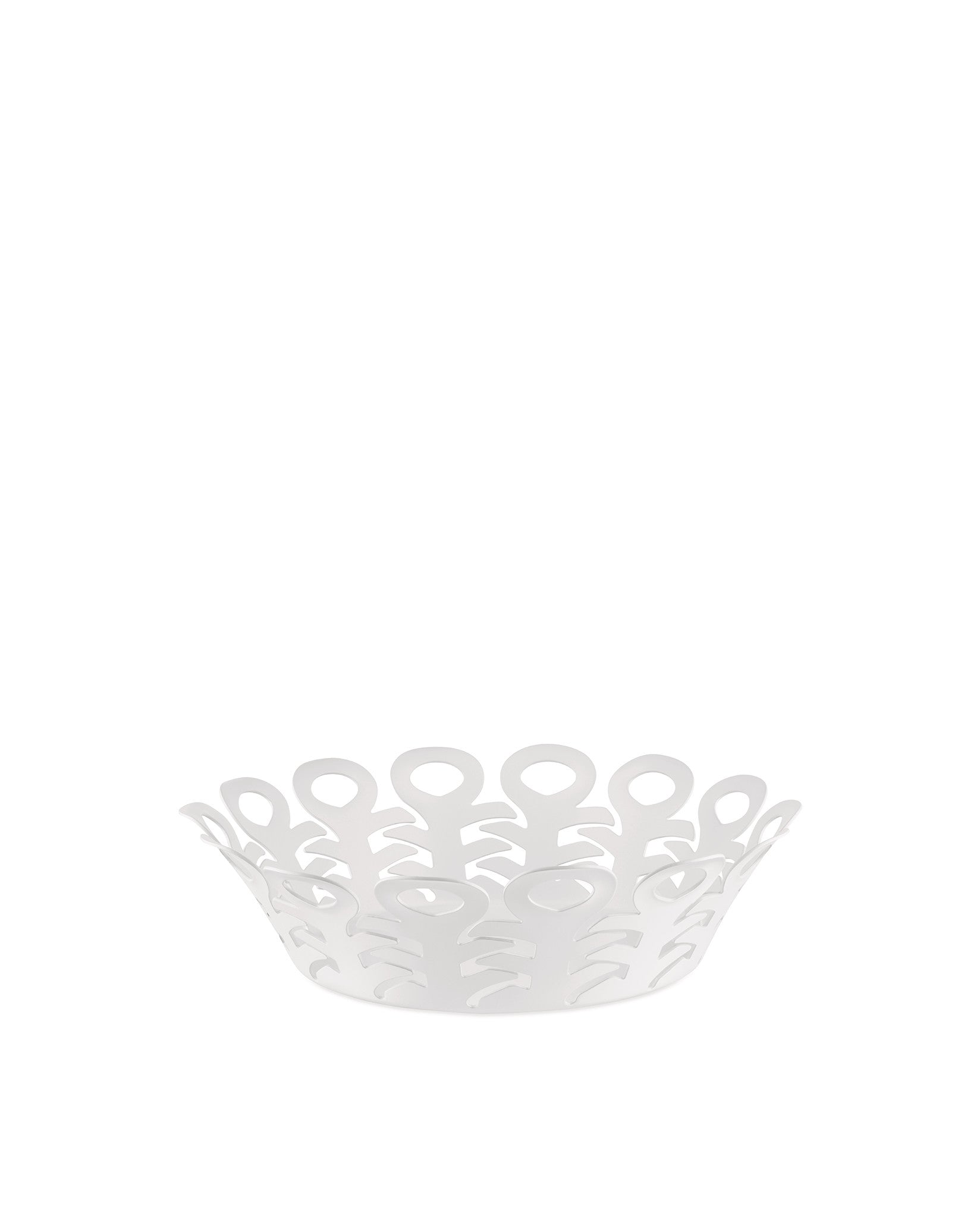 White decorative fruit holder by Alessi with an intricate openwork pattern of connected stylized figures.