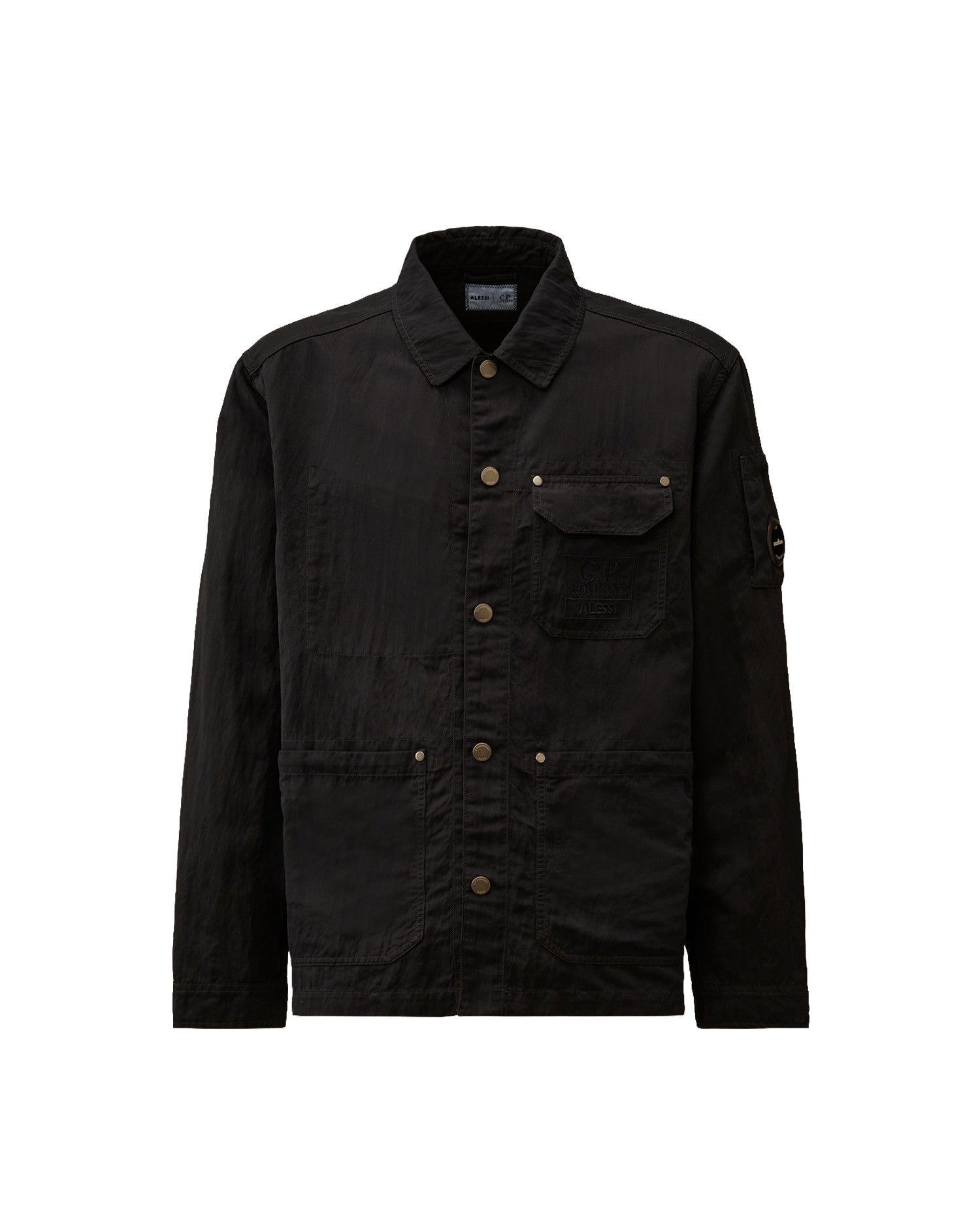 Black textured jacket by Alessi with collared neckline, button front, utility pockets including a chest pocket with 'C.P. Company ALESSI' text, and sleeve lens detail.