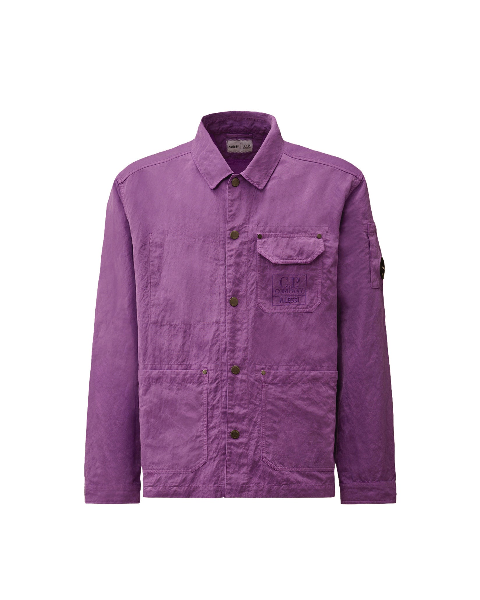 Purple crinkled jacket by Alessi with button front, multiple pockets, embossed C.P. Company Alessi logo, and a sleeve patch.