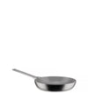 Silver frying pan by Alessi with a grey non-stick interior and long handle, angled view.