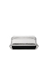 Clear glass butter dish by Alessi with a shiny silver-toned base, centered on a white background.