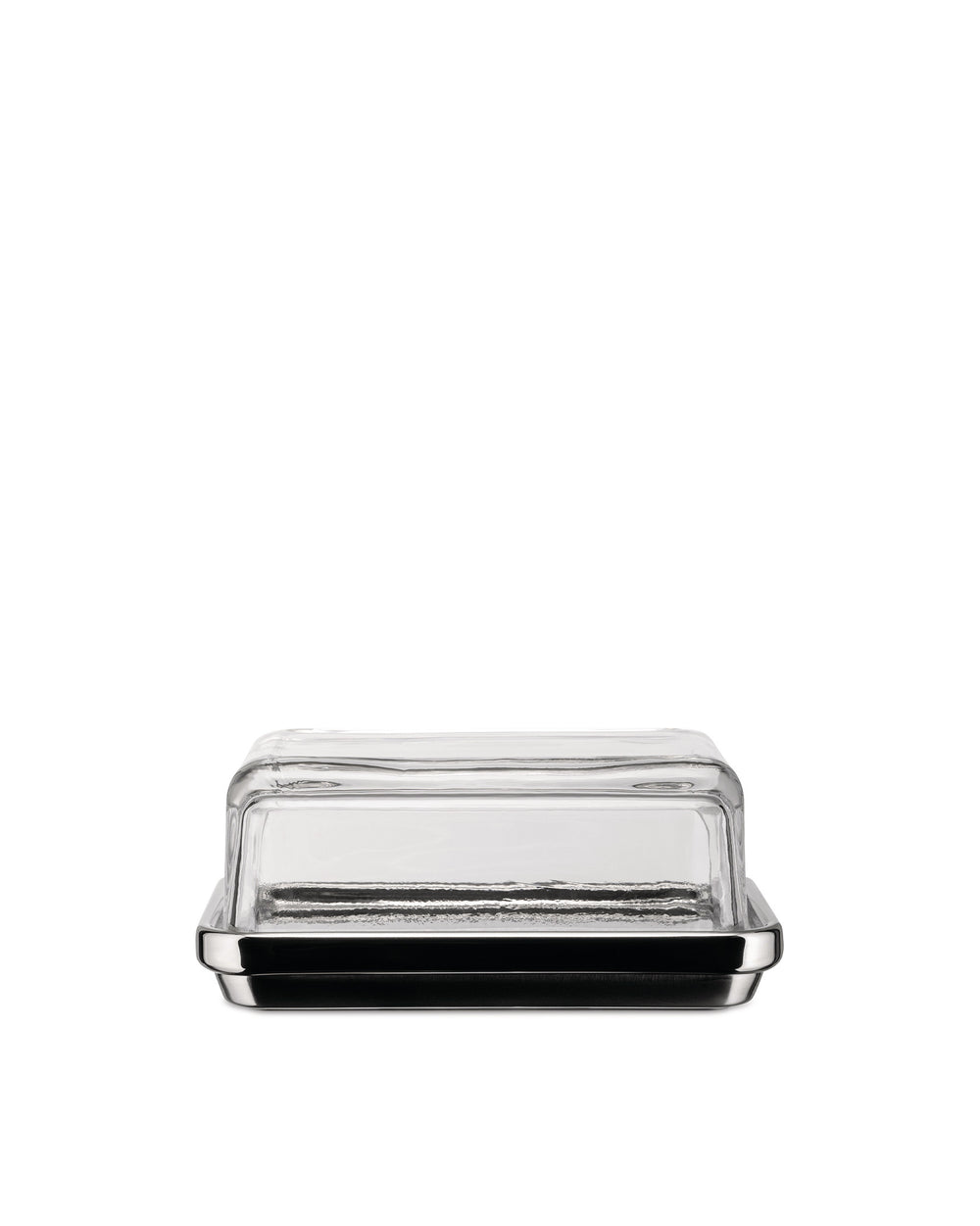 Clear glass butter dish by Alessi with a shiny silver-toned base, centered on a white background.