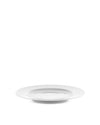 White dining plate by Alessi with a wide rim and deep center, seen from an angled side view.