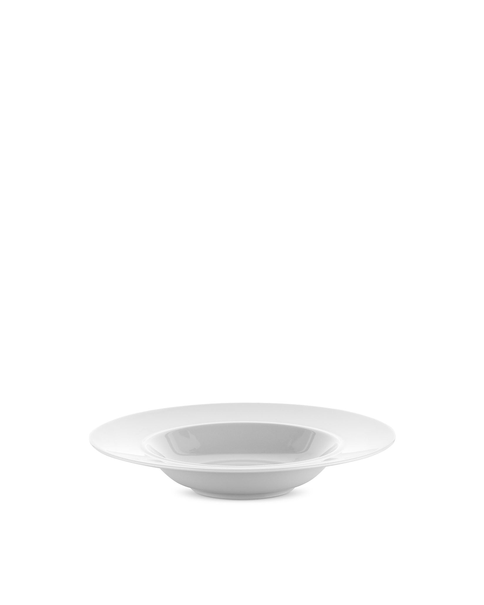 A white soup bowl by Alessi with a wide rim, shown from a slightly elevated side angle.