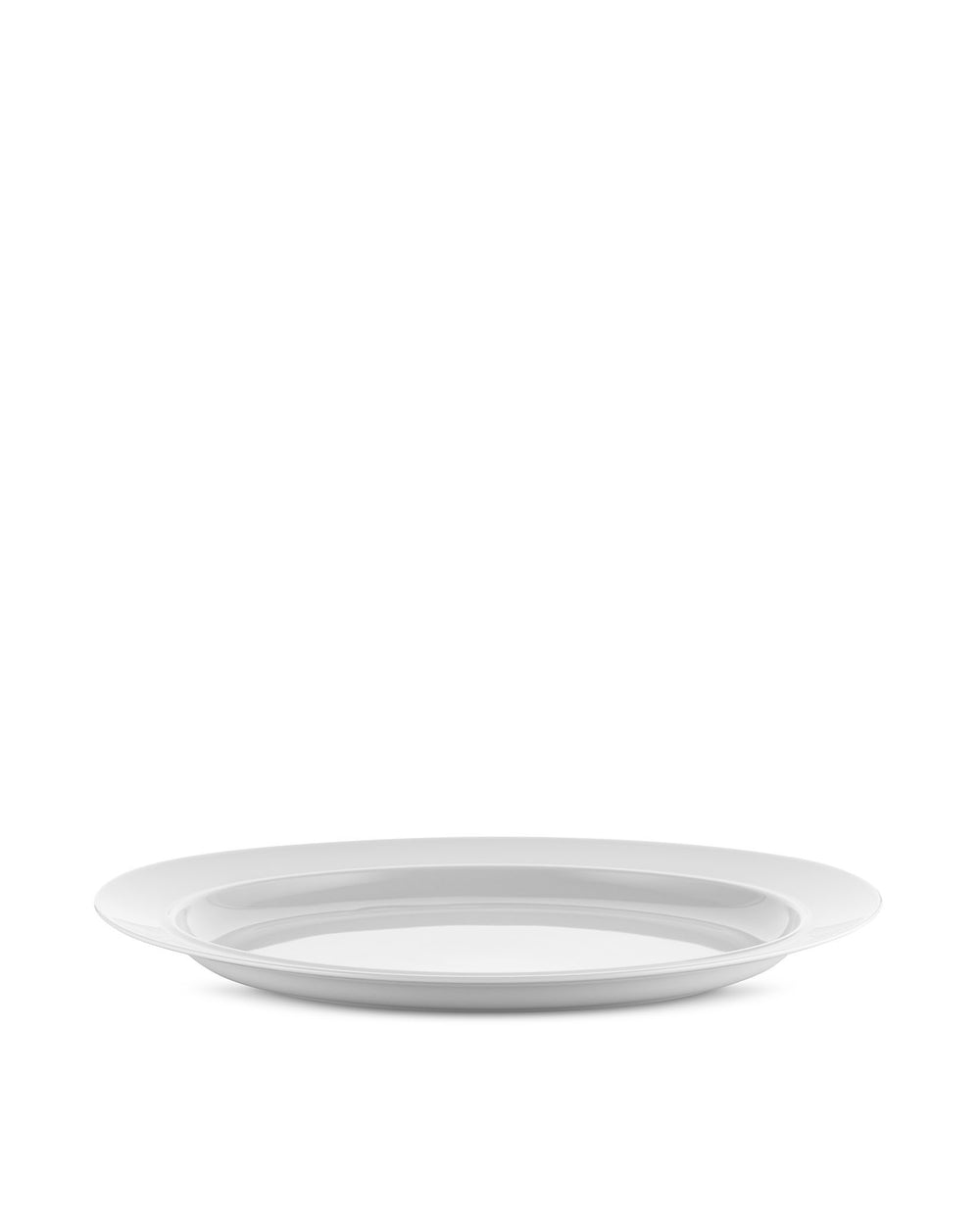 White serving plate by Alessi, a simple, elegant round plate with a wide, slightly raised rim.