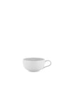 White cup by Alessi, round with a simple handle, presented in a side view.