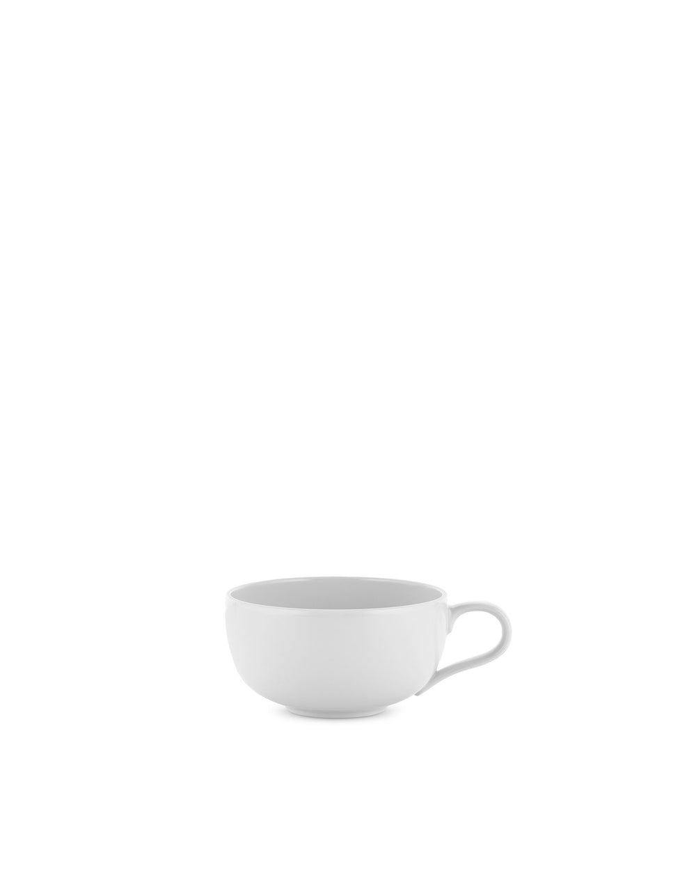 White cup by Alessi, round with a simple handle, presented in a side view.