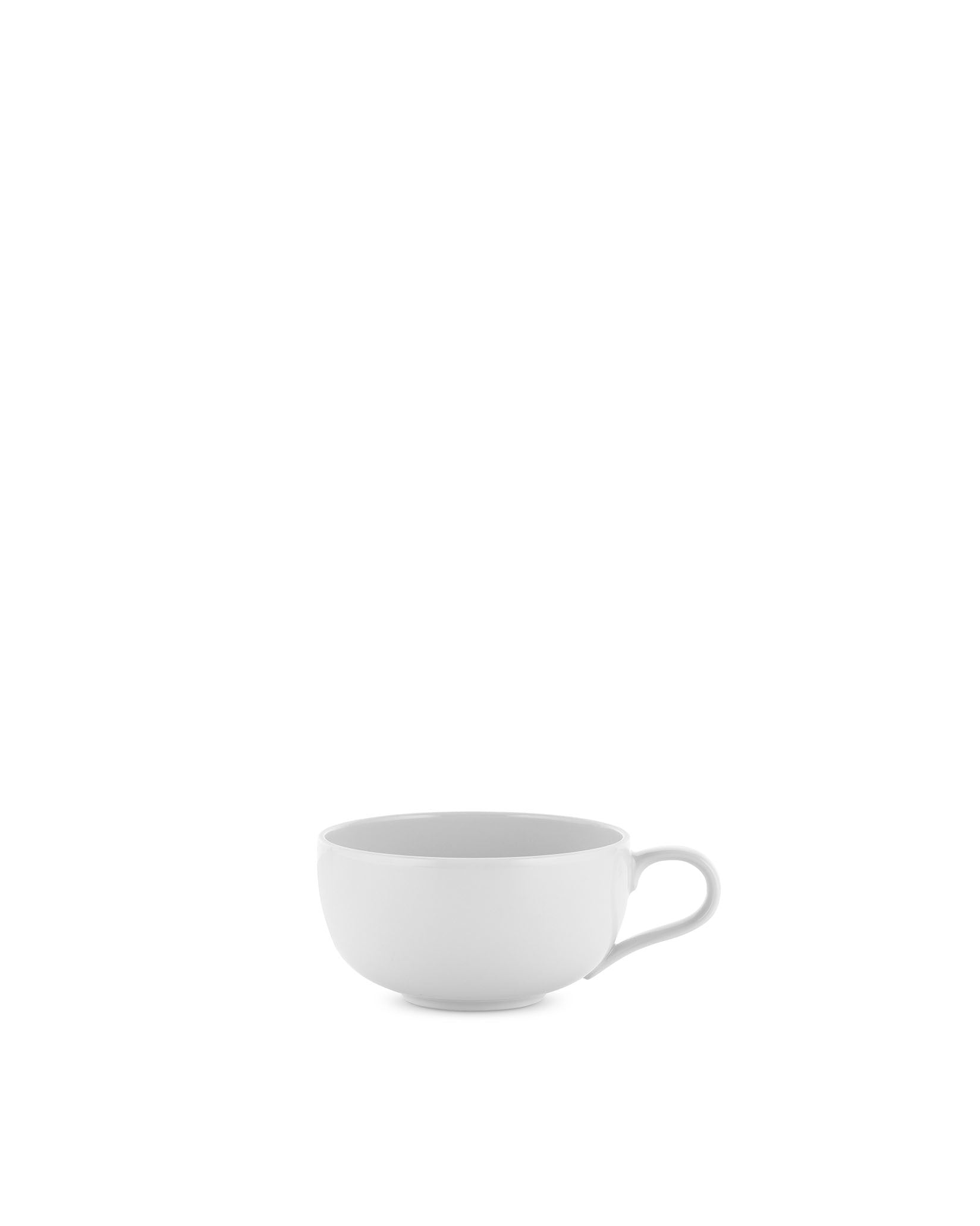 White cup by Alessi, round with a simple handle, presented in a side view.