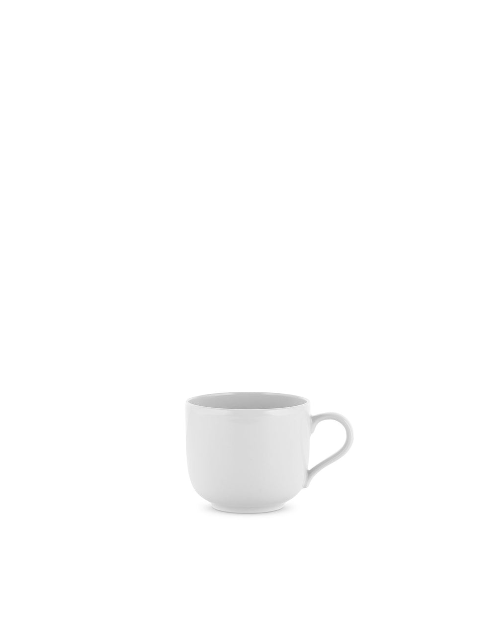 White cup by Alessi, with a rounded body and a simple handle.