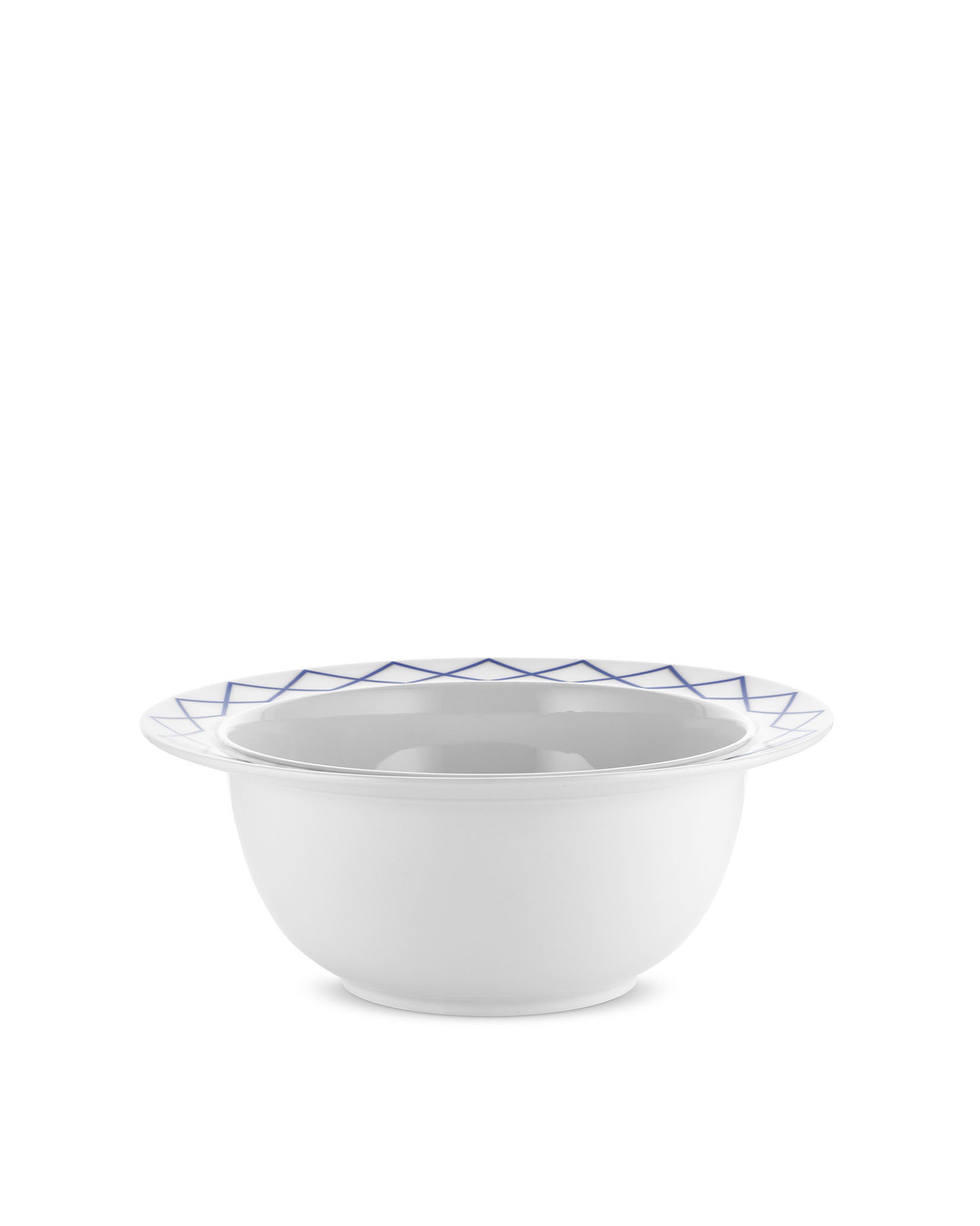 White salad serving bowl by Alessi with a blue geometric pattern on the rim.