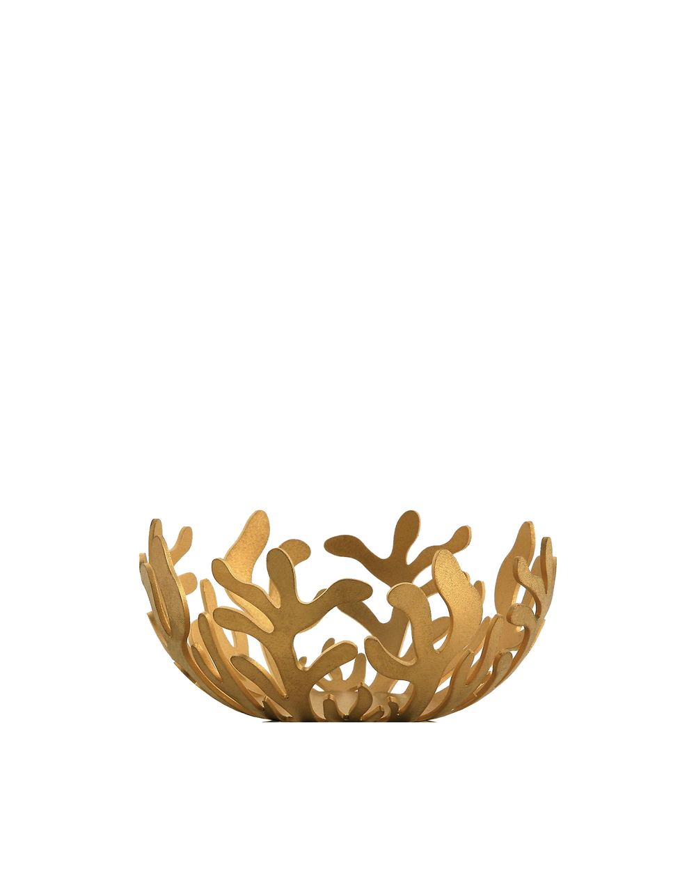 Gold-toned bowl by Alessi with intricate, organic coral-like cutout design.