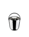 Silver stainless steel ice bucket by Alessi with a black handle and integrated tongs slot.