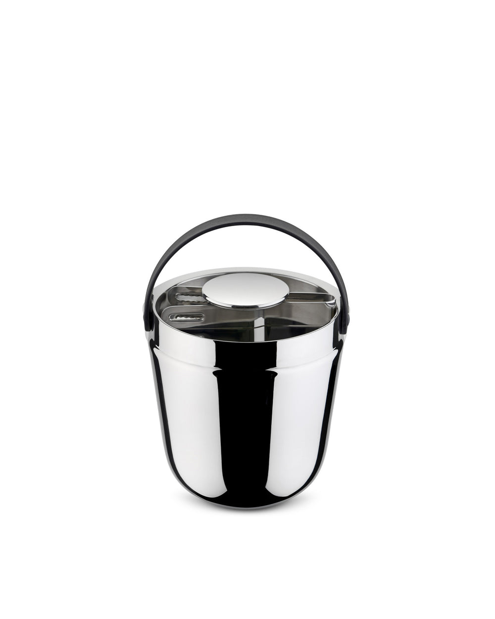 Silver stainless steel ice bucket by Alessi with a black handle and integrated tongs slot.