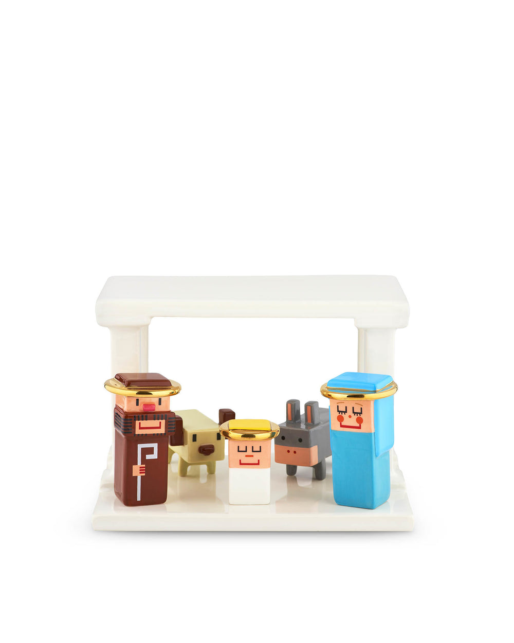 Modern block-style Nativity set by Alessi, featuring five colorful figurines and a white stable structure.