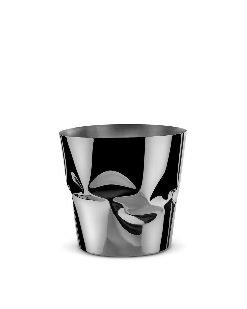 Silver crumpled metal wine cooler by Alessi, with a highly polished finish, isolated on a white background.