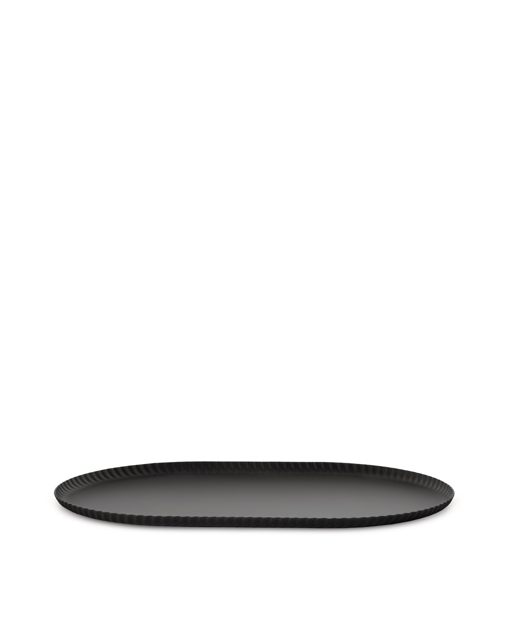 Black oval tray by Alessi featuring a distinct pleated rim.
