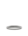 Silver pleated tray by Alessi with a fluted edge, viewed from an angle on a white background.