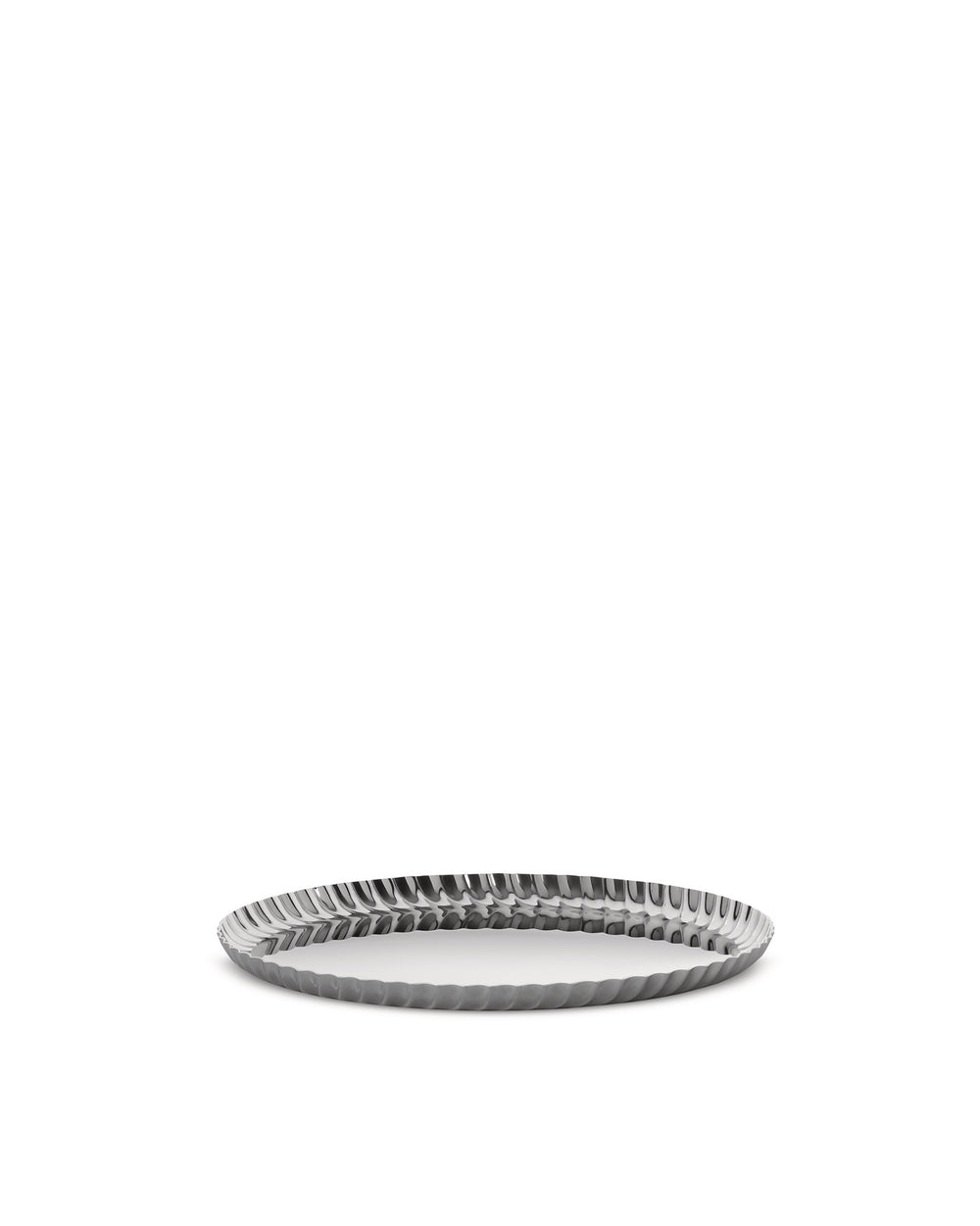 Silver pleated tray by Alessi with a fluted edge, viewed from an angle on a white background.