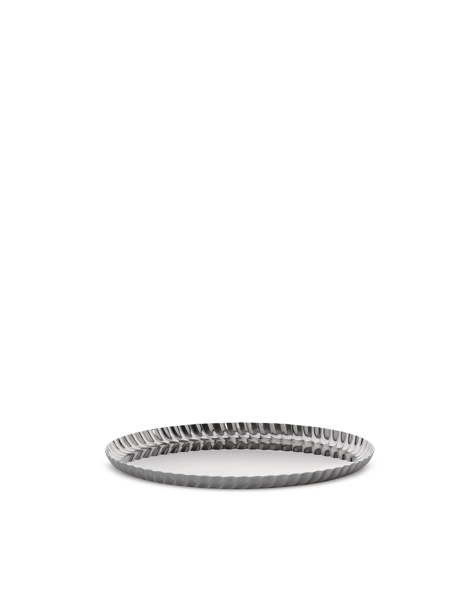 Silver pleated tray by Alessi with a fluted edge, viewed from an angle on a white background.