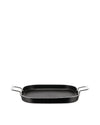 Black oblong grill pan by Alessi with ridged cooking surface and polished stainless steel handles.