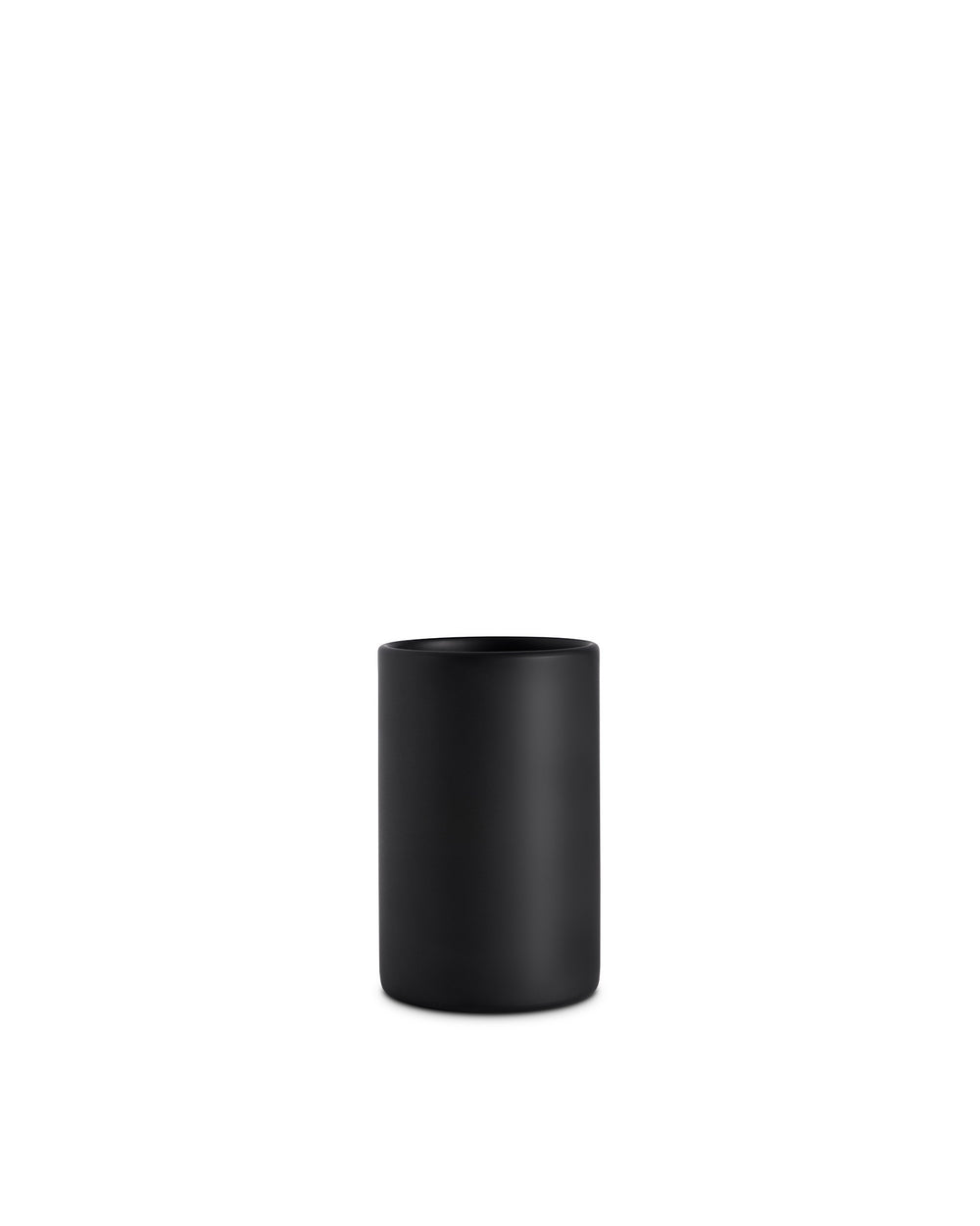 Black cylindrical cup by Alessi with a smooth matte finish.