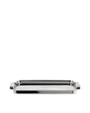 Silver polished metal tray by Alessi, with a rectangular design and integrated handles.