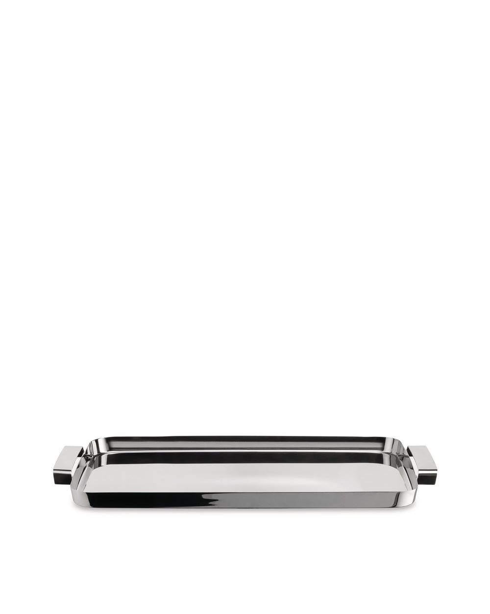 Silver polished metal tray by Alessi, with a rectangular design and integrated handles.