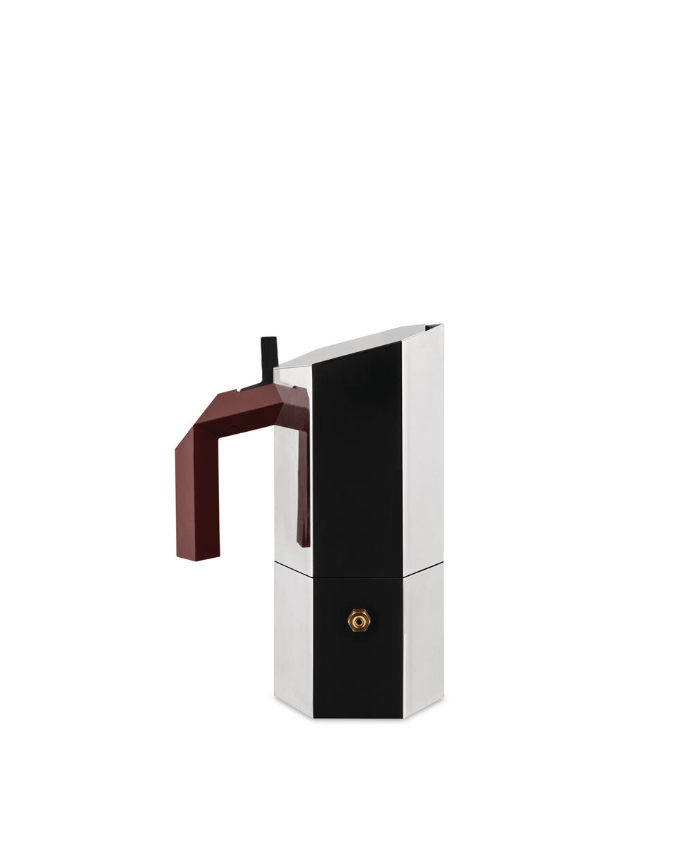 Silver and black espresso coffee maker by Alessi with an angular brown handle, hexagonal base, and brass valve.