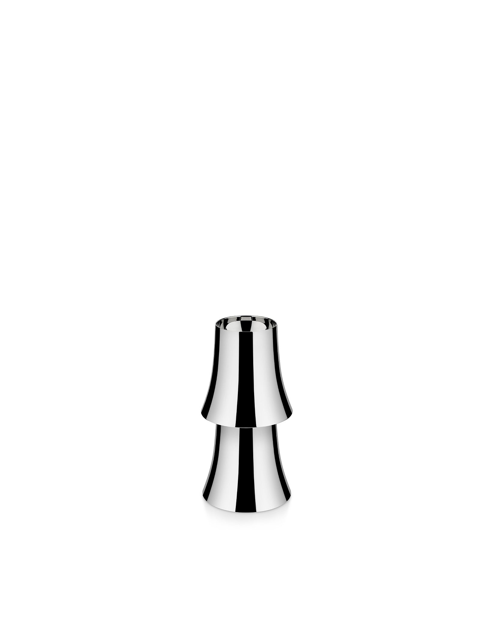Silver metallic Halesia lamp by Alessi with a polished, reflective finish and two stacked, flared forms.