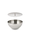 Modern stainless steel container by Alessi, featuring a brushed finish and a separate floating lid with a handle.