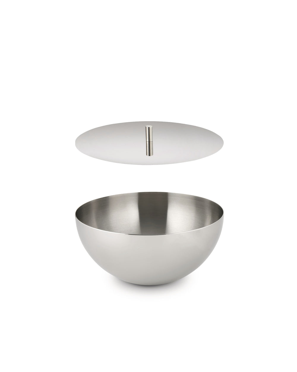 Modern stainless steel container by Alessi, featuring a brushed finish and a separate floating lid with a handle.