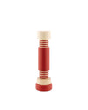 Cylindrical red and natural wood grinder by Alessi, with striped segments, standing upright.