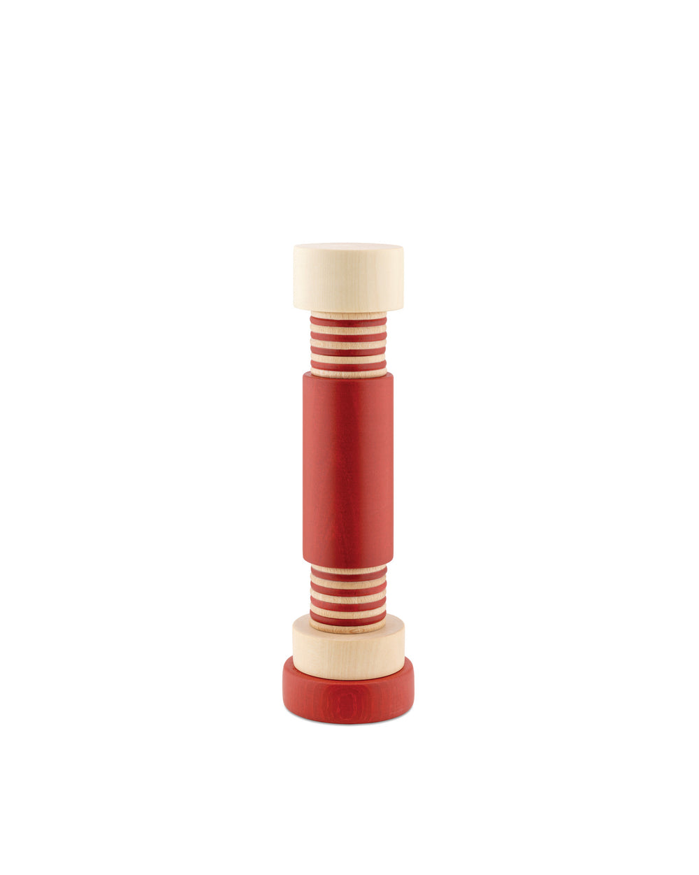 Cylindrical red and natural wood grinder by Alessi, with striped segments, standing upright.