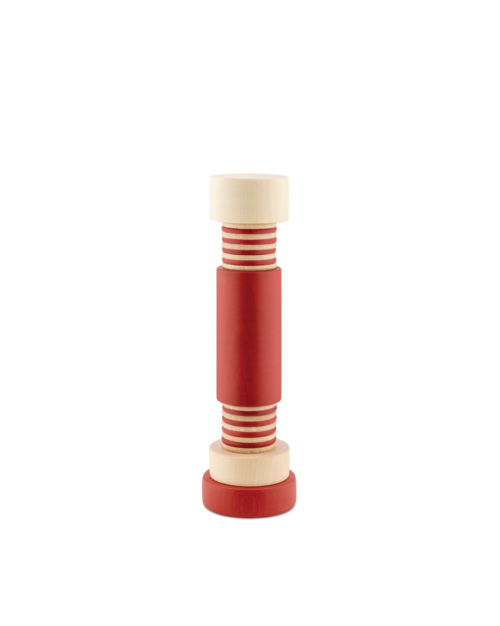 Cylindrical red and natural wood grinder by Alessi, with striped segments, standing upright.