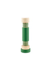 Green and natural wood cylindrical grinder by Alessi with grooved natural wood sections, standing upright.