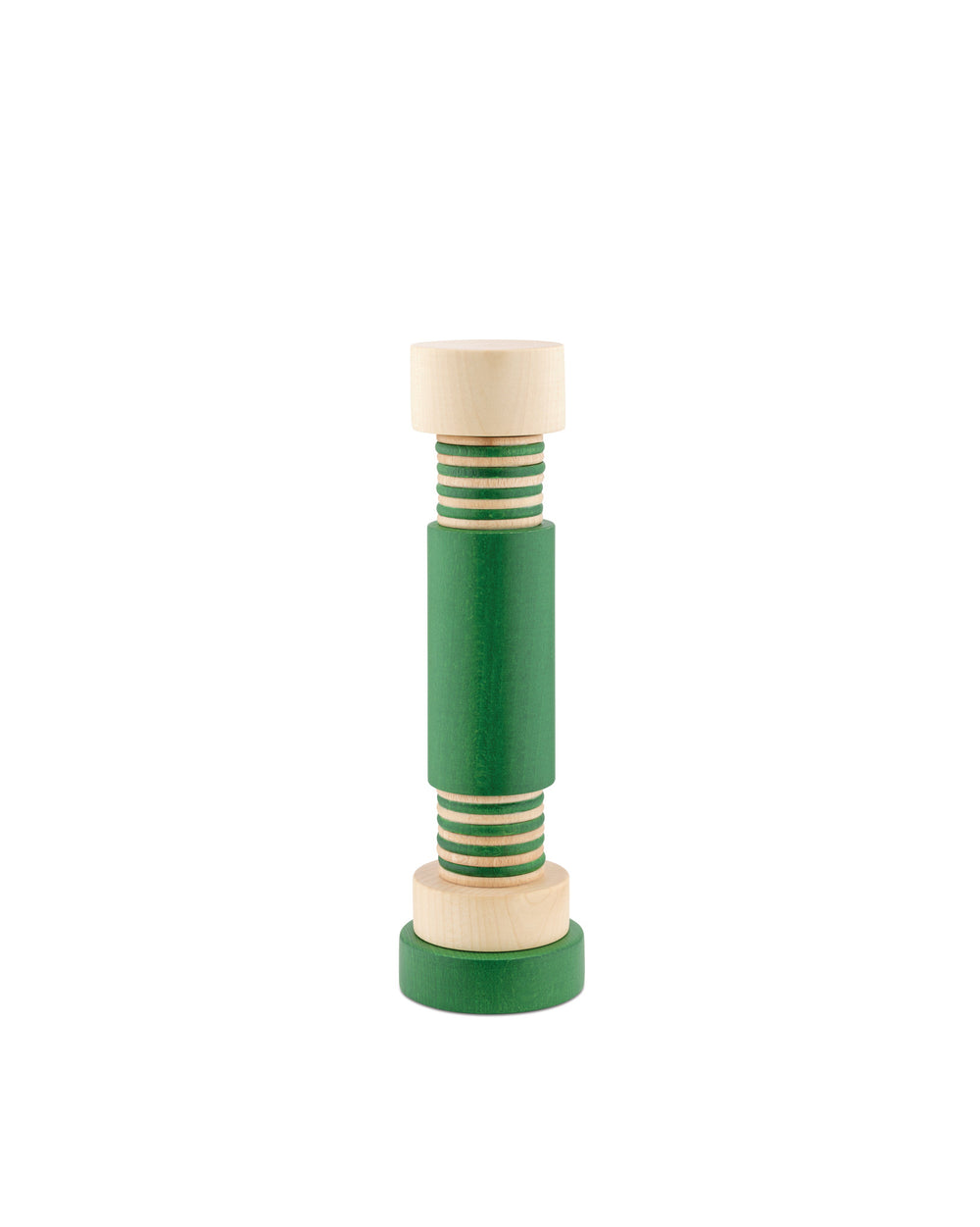 Green and natural wood cylindrical grinder by Alessi with grooved natural wood sections, standing upright.