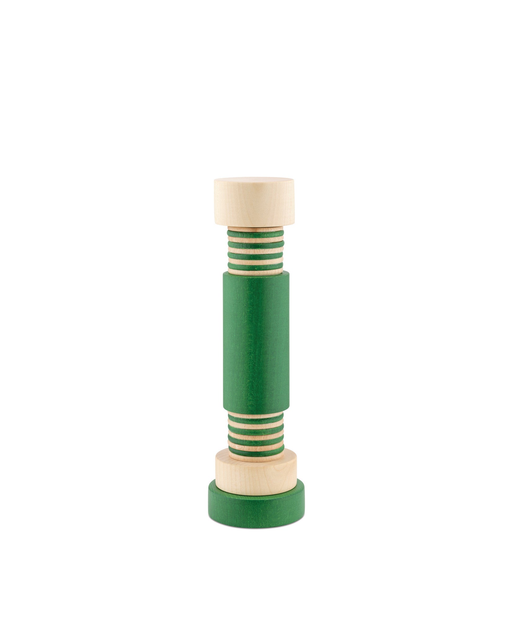 Green and natural wood cylindrical grinder by Alessi with grooved natural wood sections, standing upright.