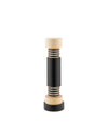 A vertical wooden and black spice grinder by Alessi with threaded light wood sections and a smooth black middle.
