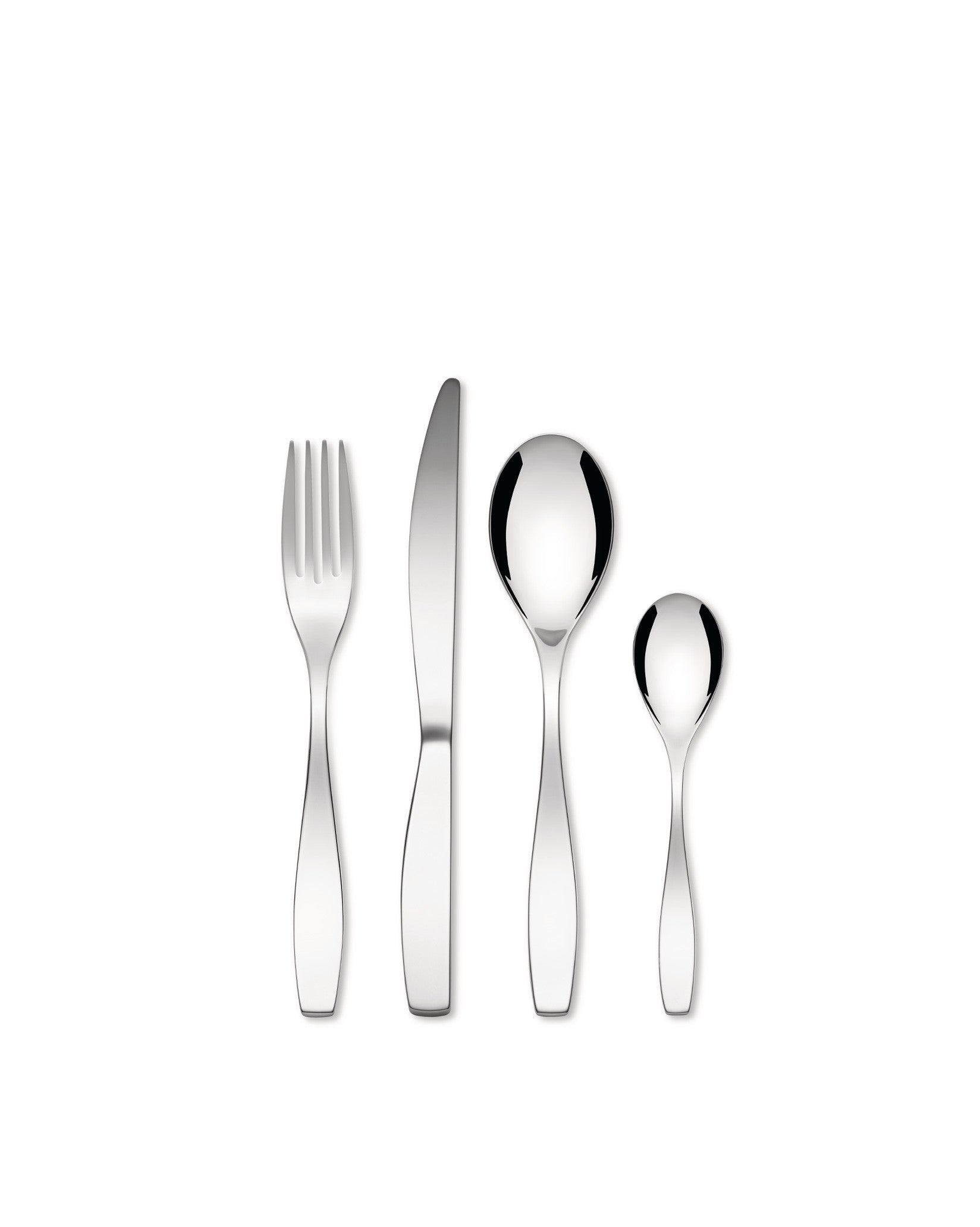 Sleek four-piece reflective silver flatware set by Alessi, including a fork, knife, and two spoons, on a white background.