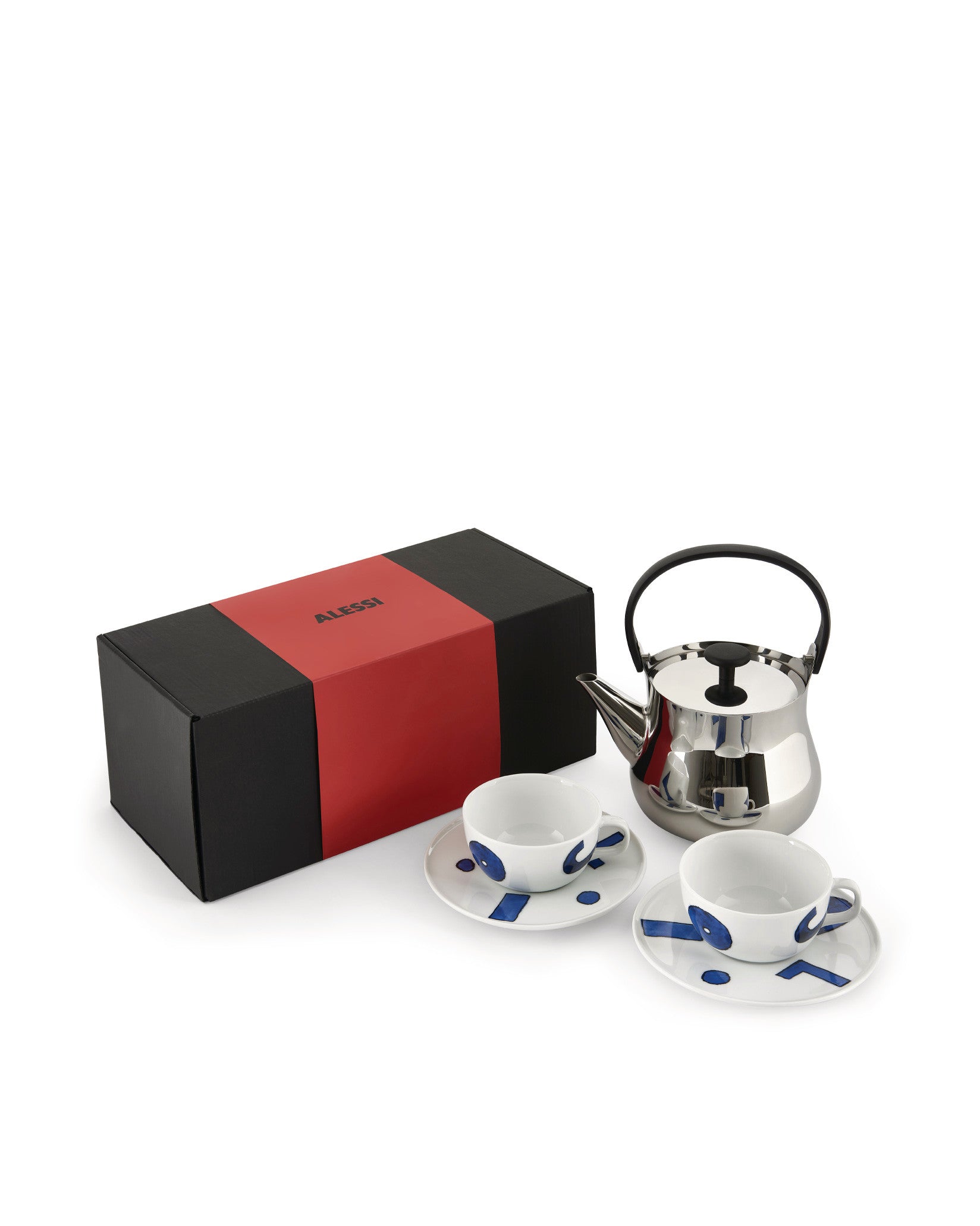 Tea gift set by Alessi featuring a shiny silver kettle and two white cups with blue abstract designs, next to a black and red box.