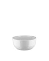 White salad serving bowl by Alessi with a simple, modern design and glossy finish, front view.