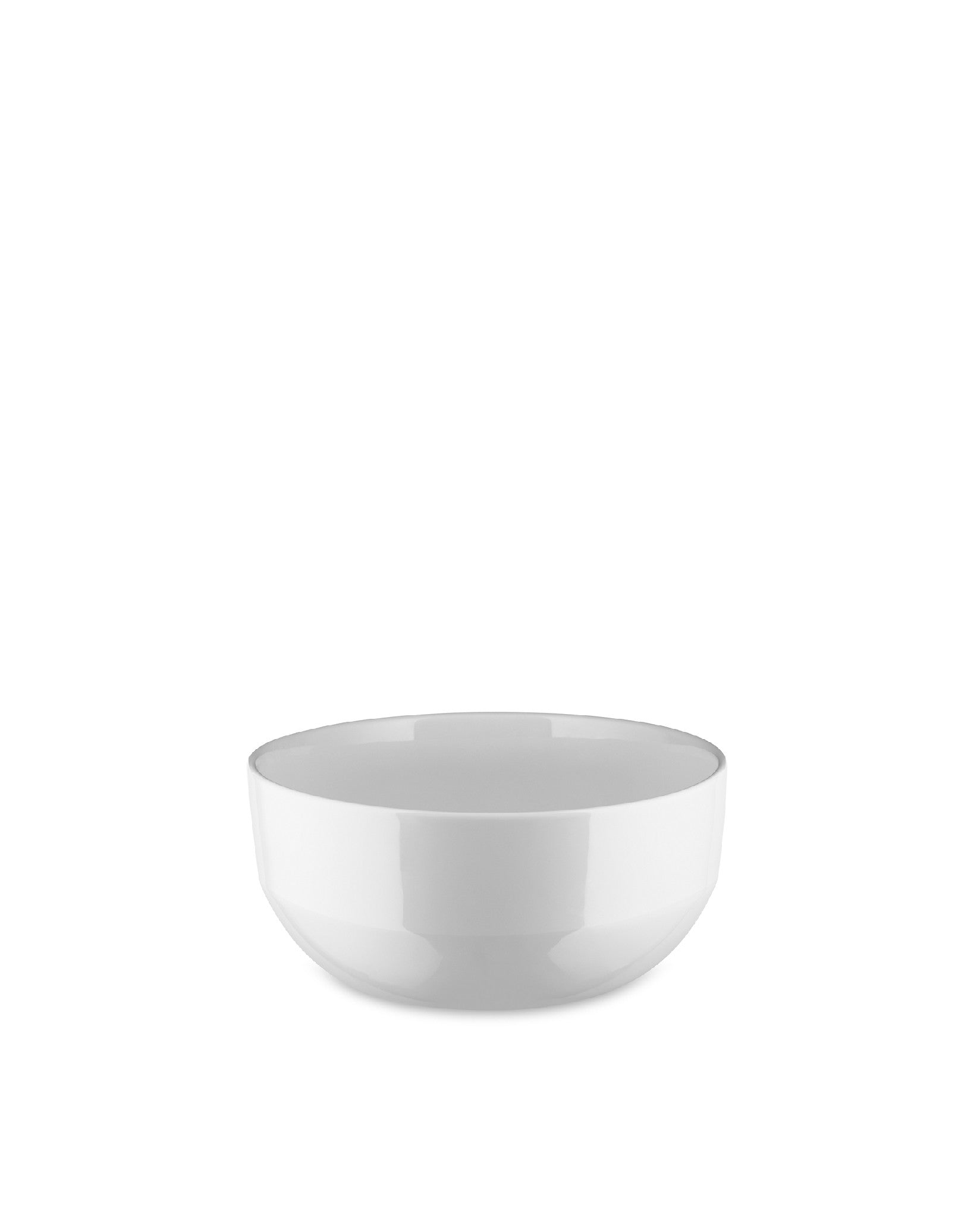 White salad serving bowl by Alessi with a simple, modern design and glossy finish, front view.