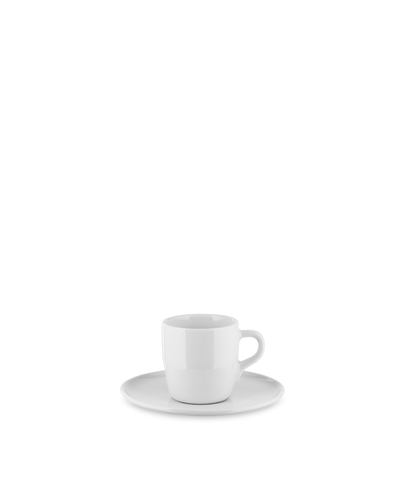White ceramic coffee cup and saucer by Alessi with a minimalist design.