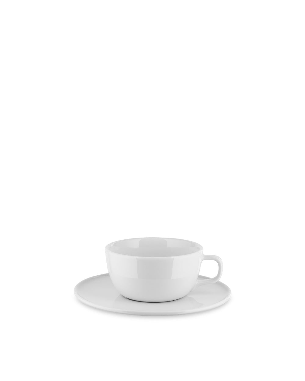 White ceramic teacup and saucer by Alessi, with a simple, clean design.