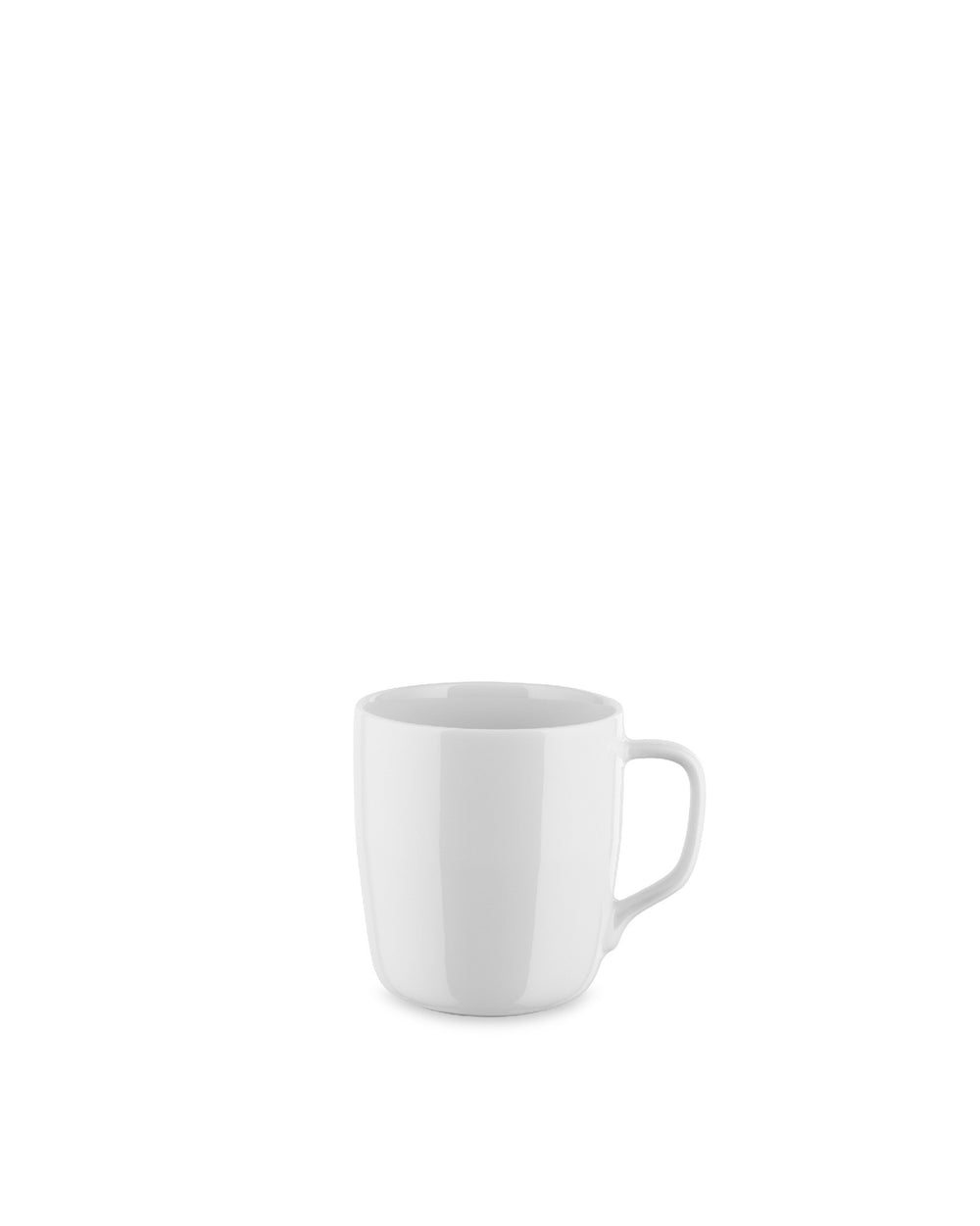 White ceramic mug by Alessi, featuring a smooth, curved design with a classic handle.