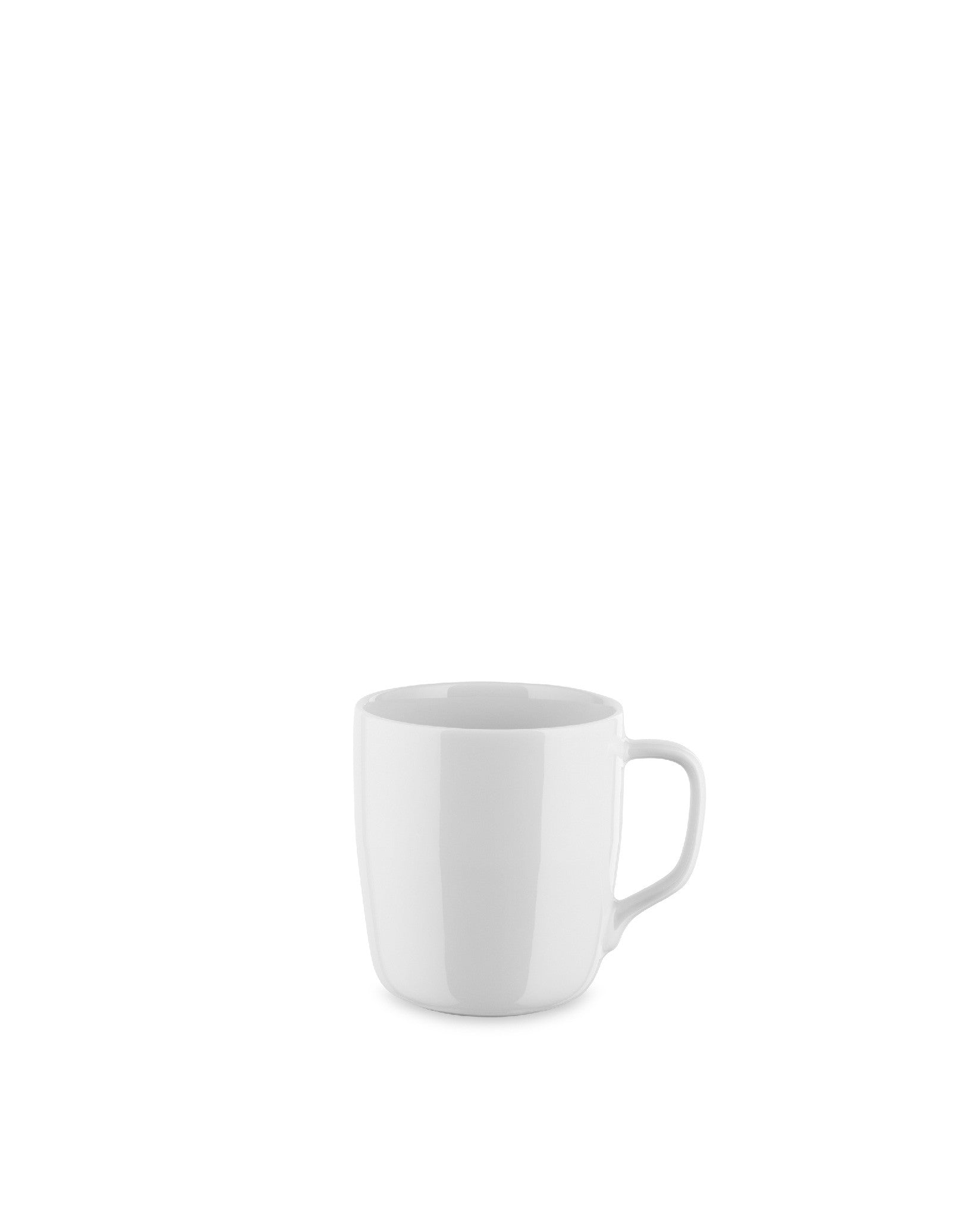 White ceramic mug by Alessi, featuring a smooth, curved design with a classic handle.