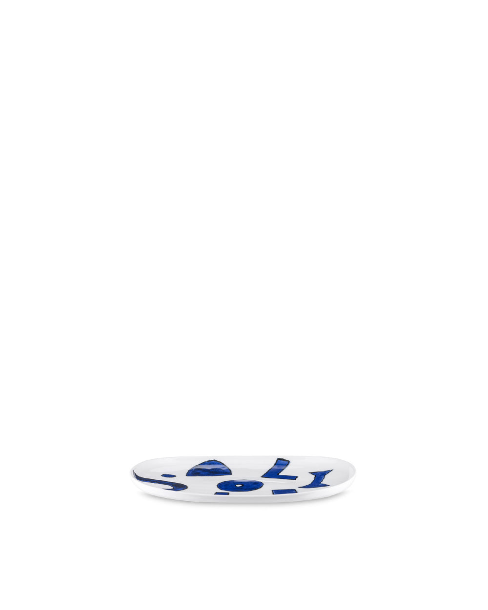 White oval serving platter by Alessi, decorated with abstract blue patterns, presented at an angle.