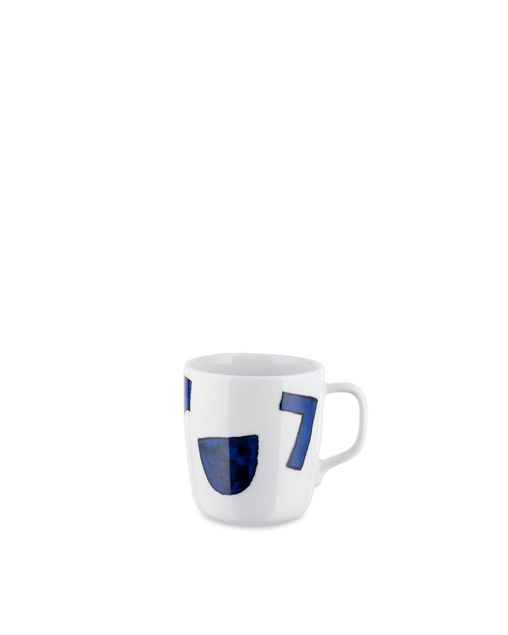 White ceramic mug by Alessi featuring dark blue abstract shapes, including a '7', seen from the side.