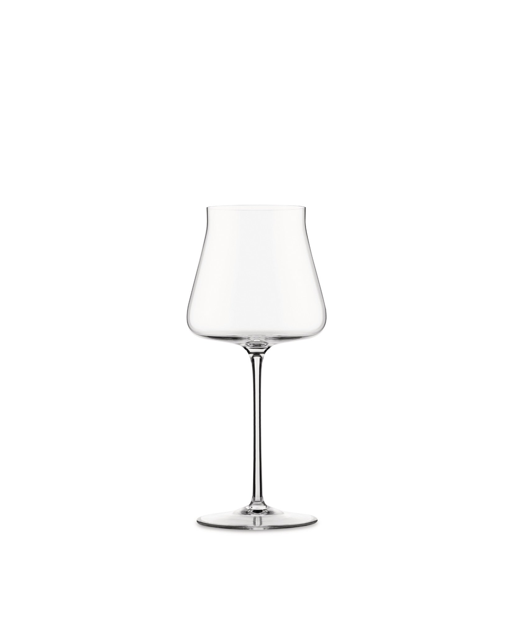 Clear red wine glass by Alessi, with a wide bowl, slender stem, and elegant design.